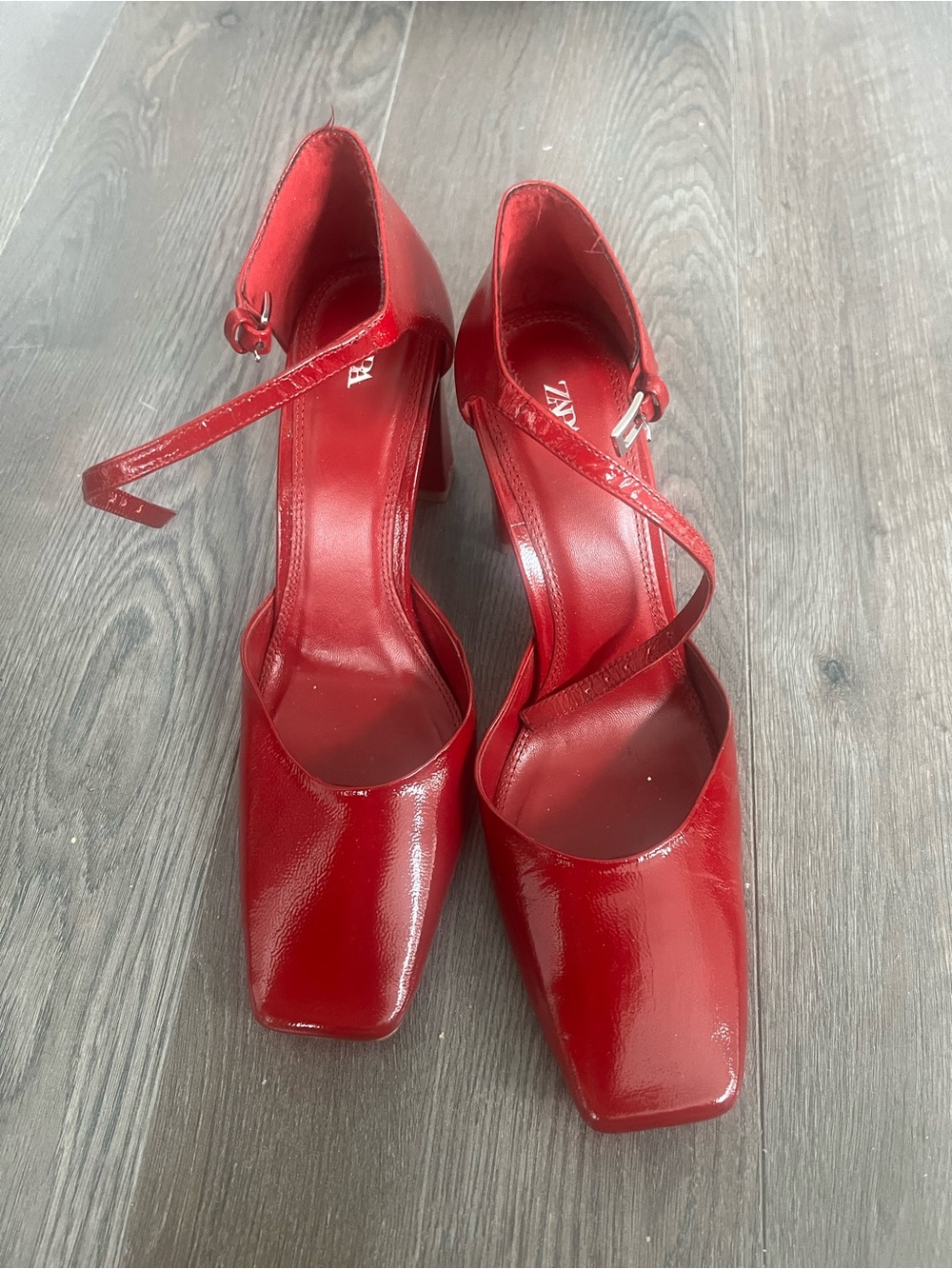 Zara Red Patent Leather Square Toe Mary Jane Heels
